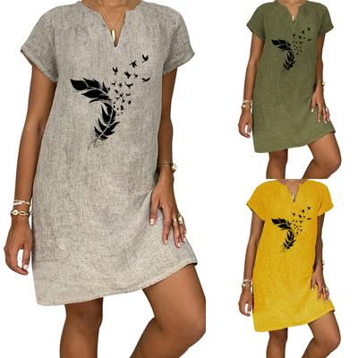 Women's Summer Casual Fashion Print Short-sleeve V-neck Loose Cotton Linen Dress