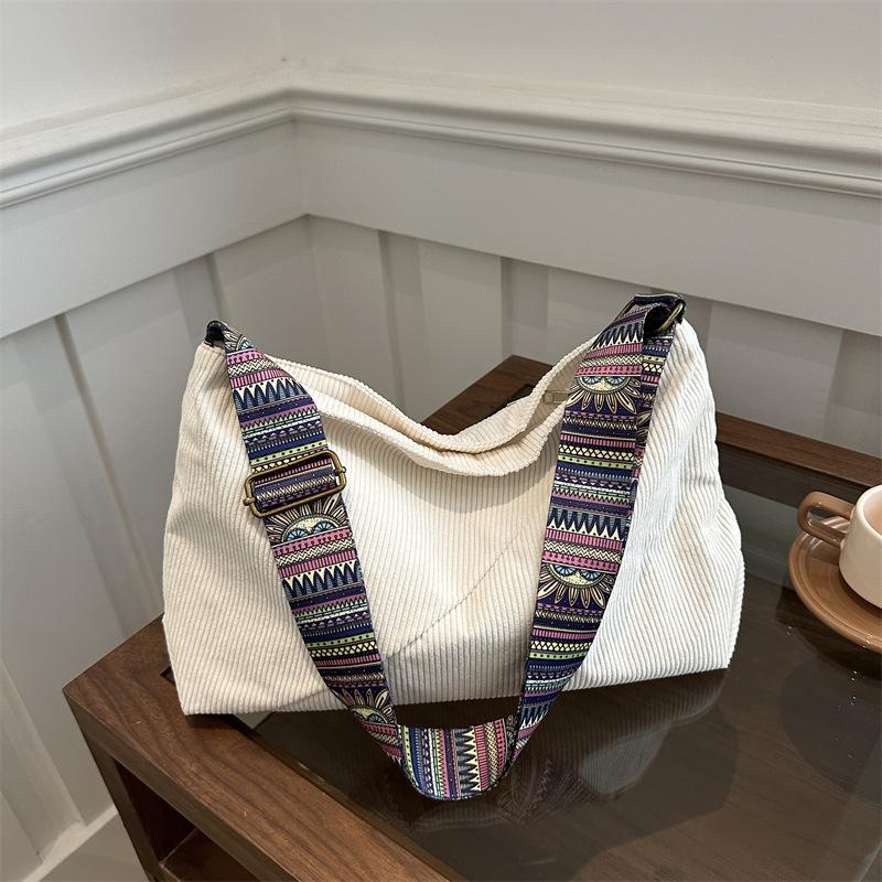 Corduroy Bag Female Student Commuter Bag Wide Shoulder Strap Stylish Large Capacity One Shoulder Messenger Tote Bag
