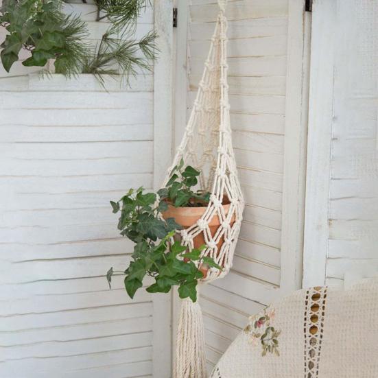 Hängender Übertopf mit Quasten, handgewebte Baumwoll-Blumentöpfe, Gobelin-Netzbeutel, Heimdekoration
