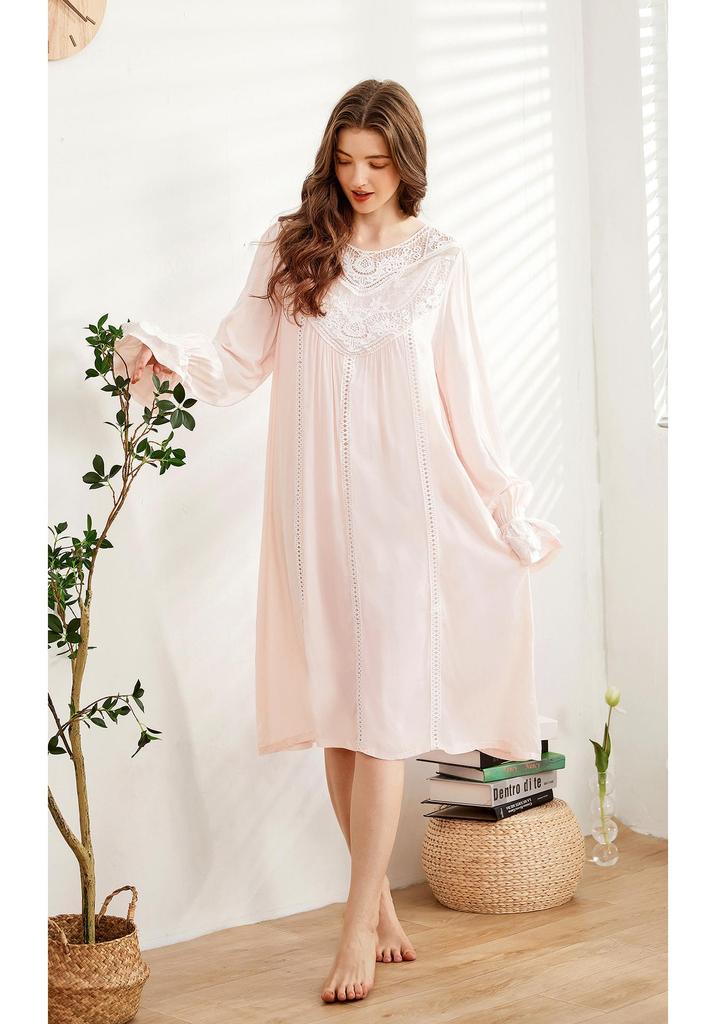 European Princess Cotton Lace Plus Size Retro Long Sleeve Nightgown - Soft Double Layer Homewear