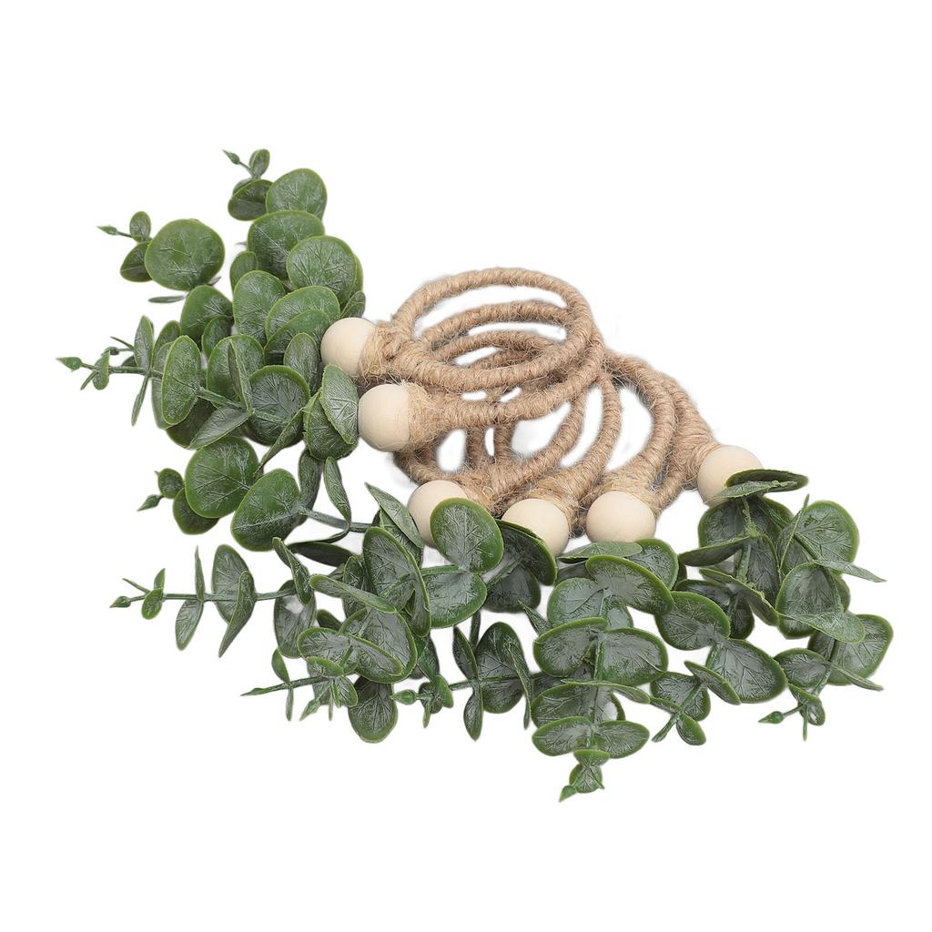 6pcs Hand Woven Faux Eucalyptus Leaf Napkin Rings Easter Spring Wooden Bead Farmhouse Napkin Rings for Weddings Christmas Party Table Decoration