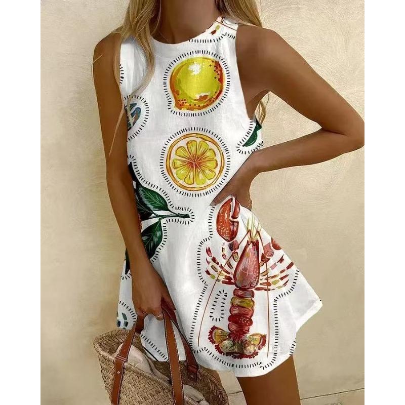 Round Neck Sleeveless Ocean Element Casual Women's Dresses