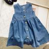 Pleated Denim Camisole Dress V-neck Sleeveless Short Dress Cowboy Strap Dress  Beachwear