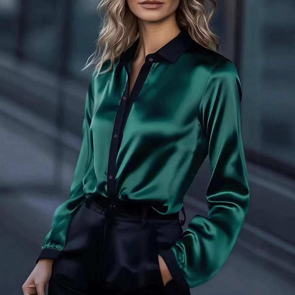 2026 Spring European & American Women's Satin Color Block Long Sleeve Shirt