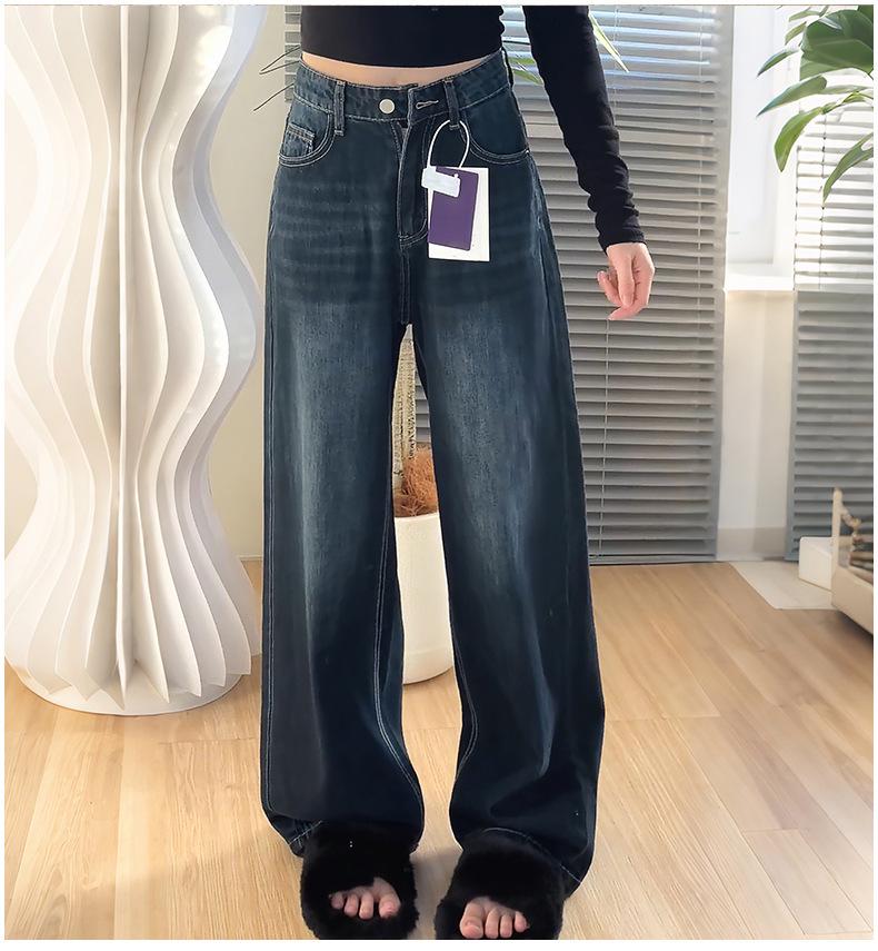 

Plus Size Women s Retro Straight-Leg Jeans with Velvet Lining, High-Waist Wide-Leg for Autumn/Winter 4XL