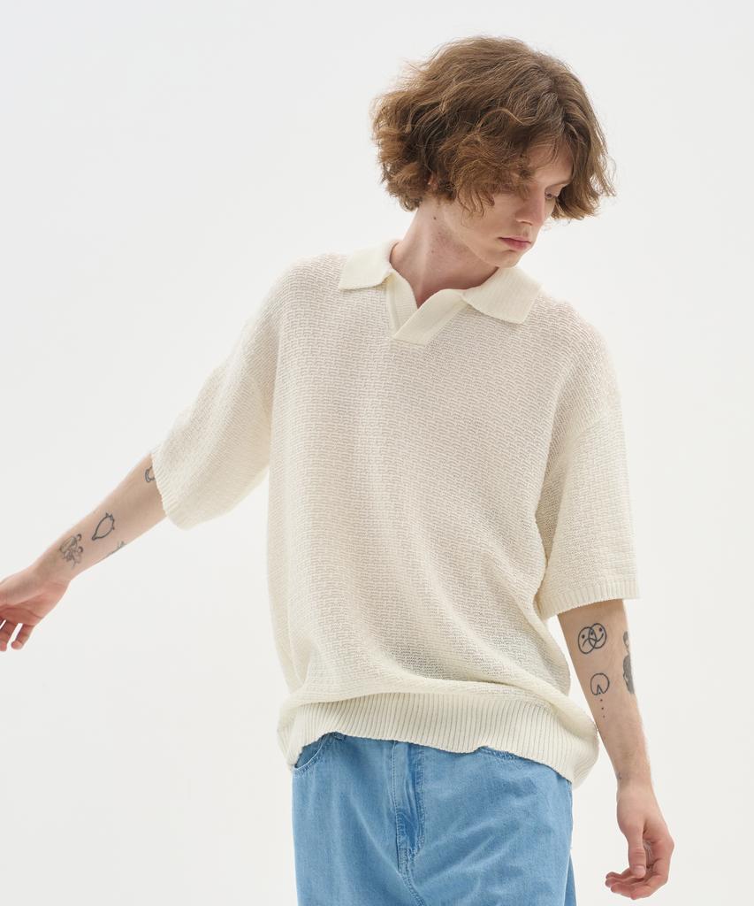 BLOND9 Soft Texture Open Collar Short Sleeve Knit_Ivory