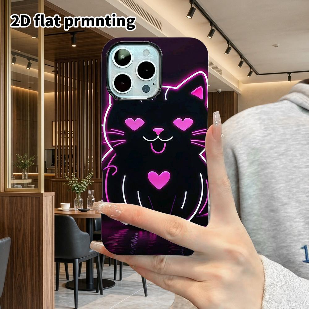 Phone Case: 2D Flat Design Suitable for iPhone 18 17 16 15 14 13 Pro Film Protective Case, Couple Style, Little Black Cat with Heart, Christmas and Ha