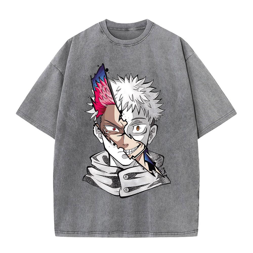 T-shirt Lavé d'Été Impression Graphique Anime Streetwear Vintage Oversize Homme Mode Coton Haut T-shirt Noir