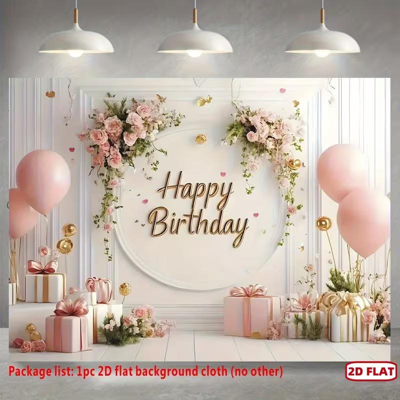 2D Elegantes Rosa Blumiges Happy Birthday Hintergrundtuch mit Wandpaneel