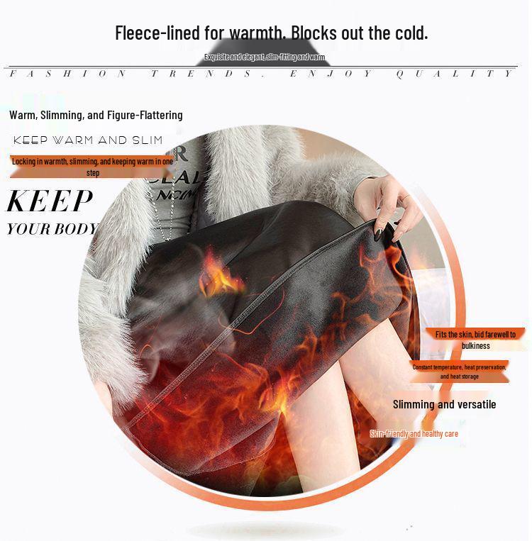 2025 Autumn High-Waisted Plus Velvet A-Line Skirt - Double-Layered Wave Polyester Fabric, Simple OL Commuting Style