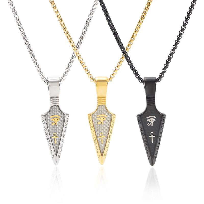 Horus Eye Ankh Spearhead Pendant Stainless Steel Necklace with Carbon Fiber Inlay Titanium Steel Mens Jewelry