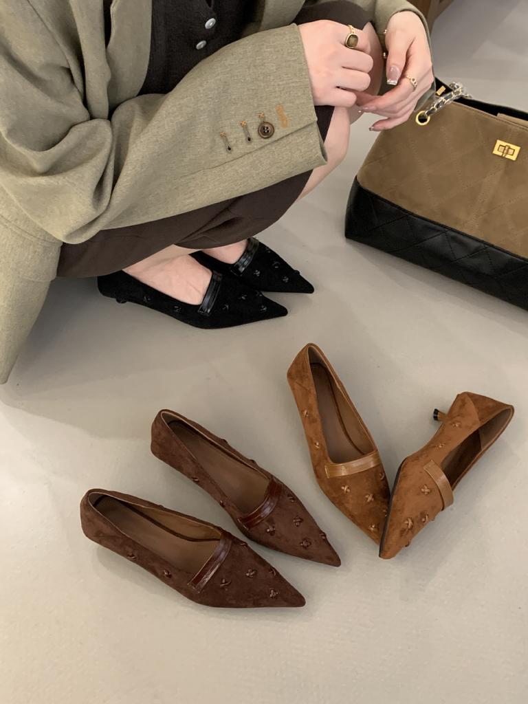 2025 new French single shoes niche thin heel low heel small leather shoes pointed temperament fashionable versatile single shoes women