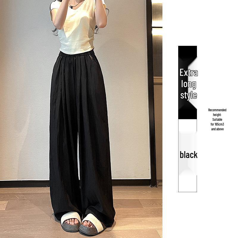 Women's Summer Blue Wide-Leg Ice Silk Pants - Casual Pleated Zen Style