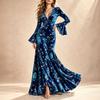 Women's Floral Print V-Neck Long Bell Sleeve Evening Dress with Cinched Waist and Flared Hem