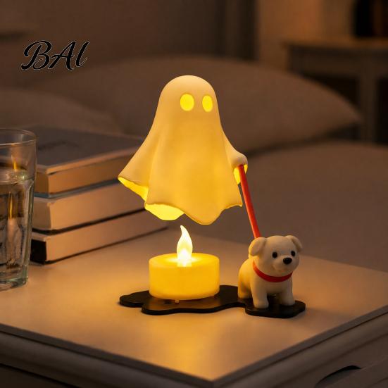 Whimsical Room Accessories Halloween Ghost Walking Dog Figurine, Cute Spooky Statue with LED Candle, 3D Printed Tabletop Ornament for Holiday