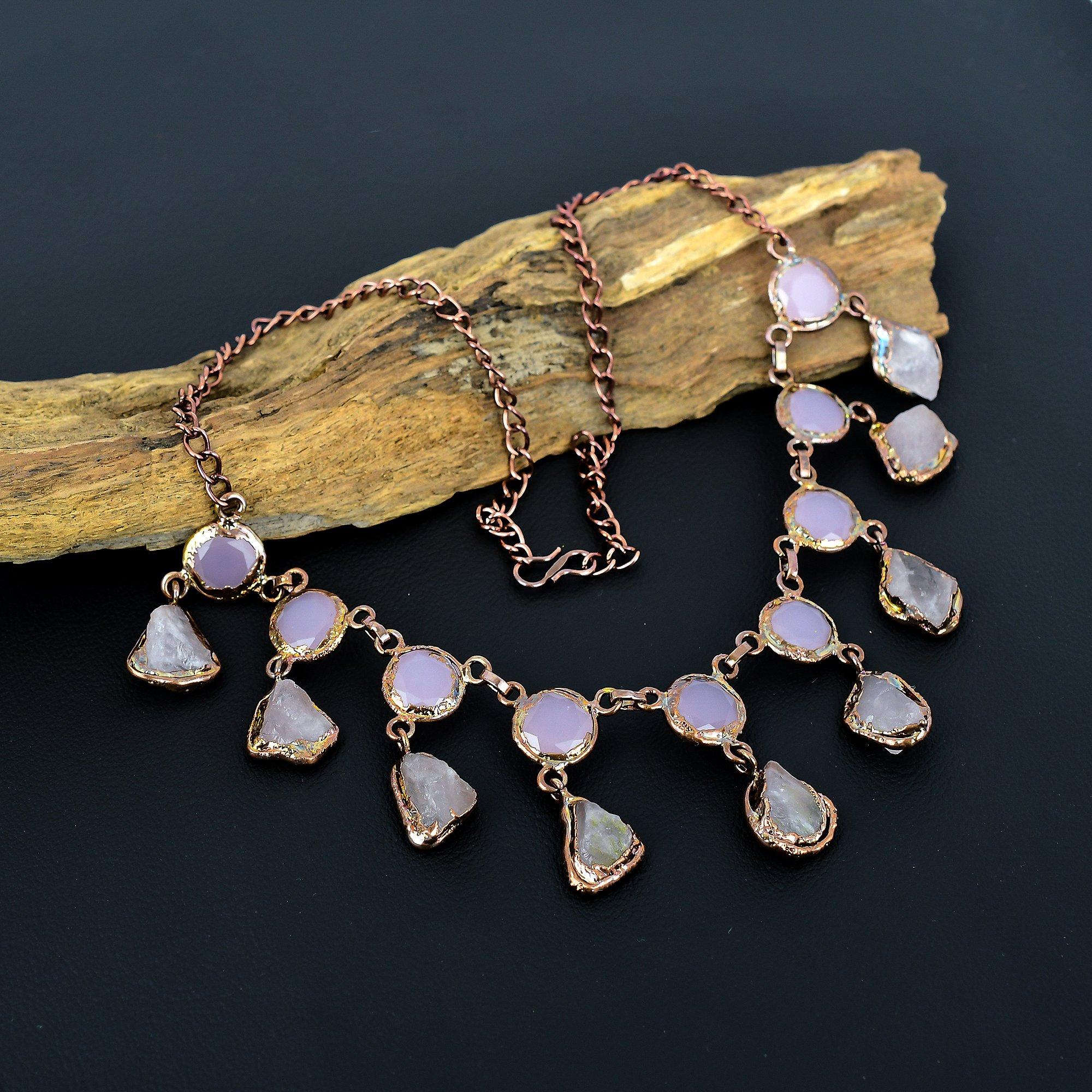 

Ожерелье из розового кварца ручной работы, новейшего дизайна, ювелирное изделие, ожерелье из гальванизированной медью драгоценного камня, подарок для мамы