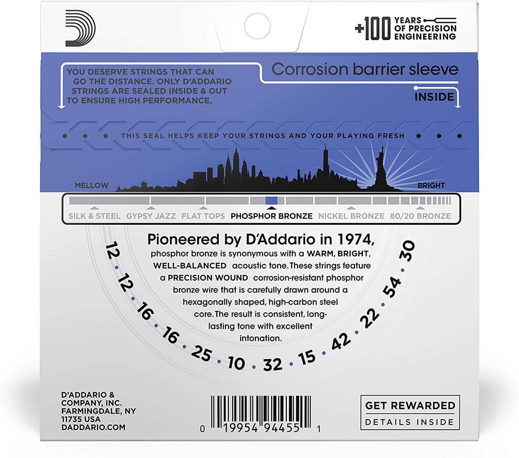 Acoustic Guitar Phosphor Medium EJ37 D'Addario Strings, Bronze, Top/Heavy Bottom, 12-string, .012-.054