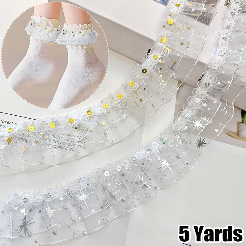 1Roll Handmade Gift Wrapping Lace DIY Pleated Delicate Double Layered Clothing Embellishment Organza Shine Sequined 4.5CM