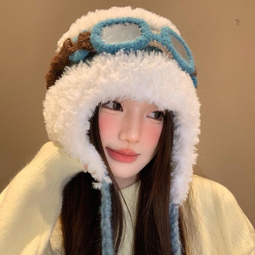 Warm Wool Beanie Hat with Glasses Pullover Cap New Winter Plush Flight Hats  For Women