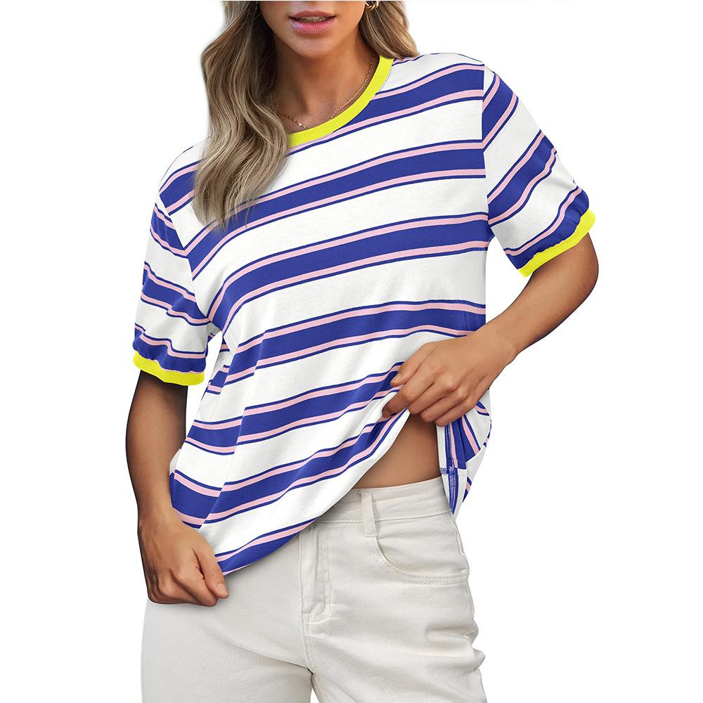 

Round Neck Loose Top Striped Contrasting Short Sleeved Women s T-shirts XXL
