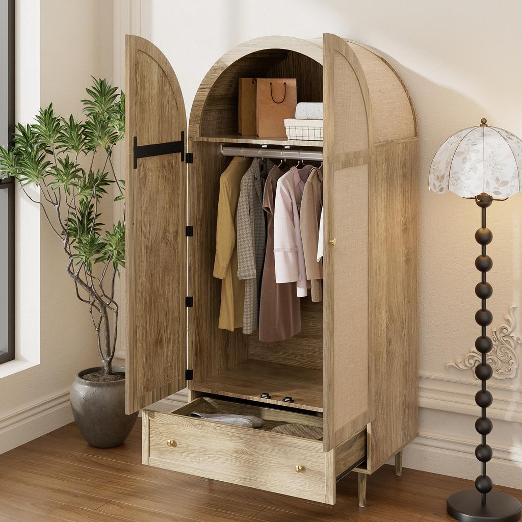 Kleiderschrank mit Schubladen, Holztüren mit Leinenstoffbezug, Großer Stauraum, Kleiderschrank für Schlafzimmer, Moderne Aufbewahrungslösung
