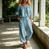 Tuta Lunga da Donna Scollo a Barca Manica Lunga Monocolore Coulisse Ampia Harem Pantaloni Lunghi da Vacanza