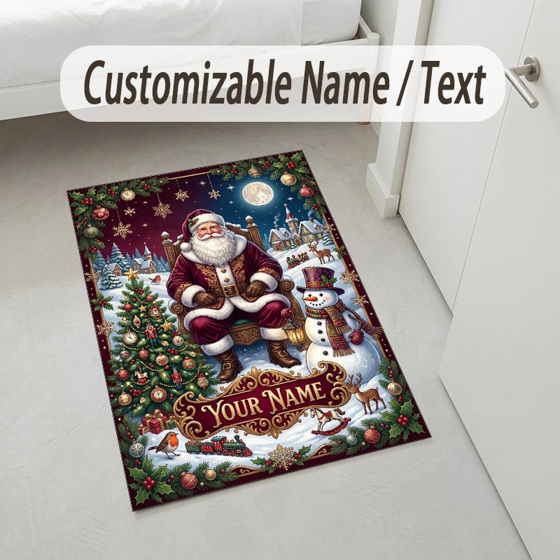 Christmas Theme Crystal Velvet Rug Personalized Custom Name Text Soft Floor Mat Home Decor