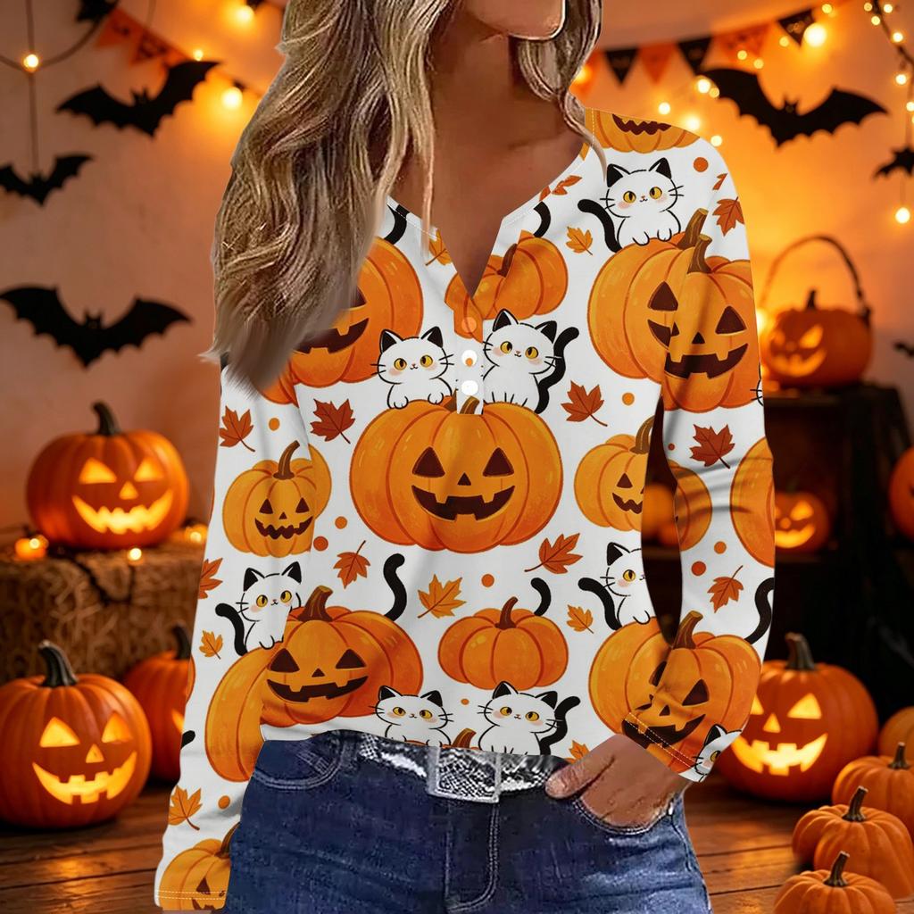 Women V Neck Button Long Sleeve Top with Halloween and Letter Print Casual Loose Fit Shirt for Autumn
