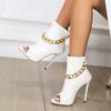 High Quality White Leather Basic Boots Women Ankle Sandals Fashion Metal Chain Design Thin Heels Pumps Peep Toe Zip Shoes