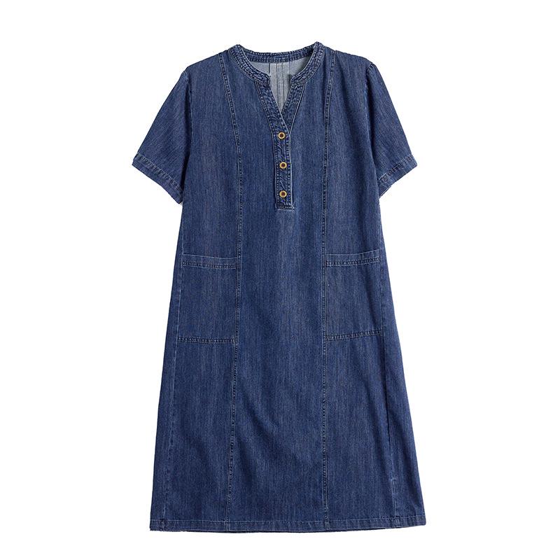 Retro Women's Slimming Short-Sleeve Denim Dress - 2024 Summer Casual Loose Fit
