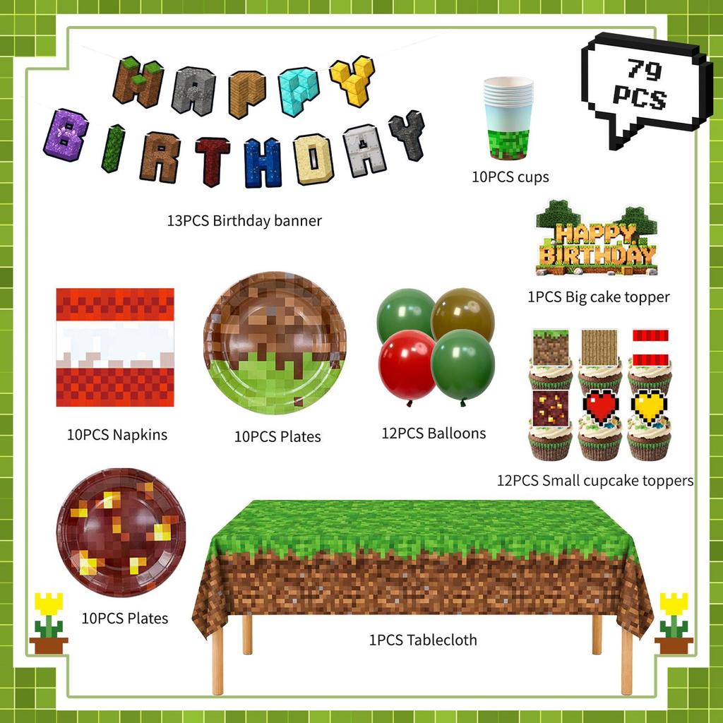 109Pcs Pixel Birthday Party Supplies,Video Game Party Decorations Tableware-Balloons Tablecloth Banner Cake Toppers for Pixel Birthday Decorations