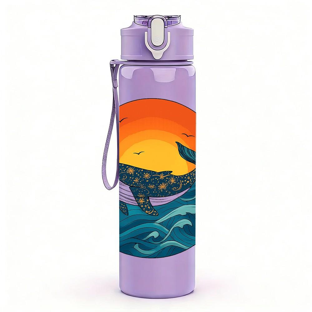 1PC Sunset Whale Ocean Print 750ml Color Plastic Sports Water Bottle Leakproof Flip Straw Lid Suitable for Sports Office Home Use