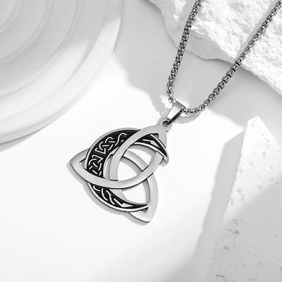 Viking Triquetra Celtic Knot Moon Phase Pendant Necklace, Stainless Steel Vintage-Style Titanium.