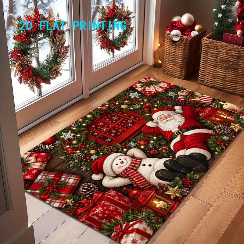 2D Flat Christmas Santa Claus Snowman Holiday Door Mat for Entrance Colorful and Non-Slip Washable Carpet Suitable Home Decor