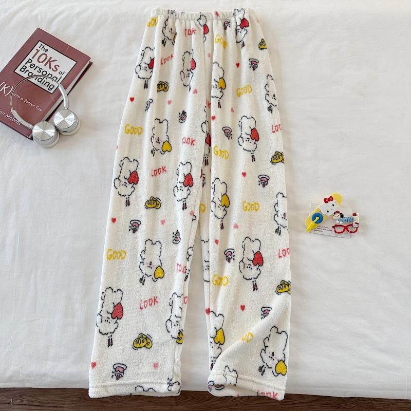 Hello Kitty Coral Fleece-Lined Flannel Pajama Pants for Women - Warm Autumn/Winter Style