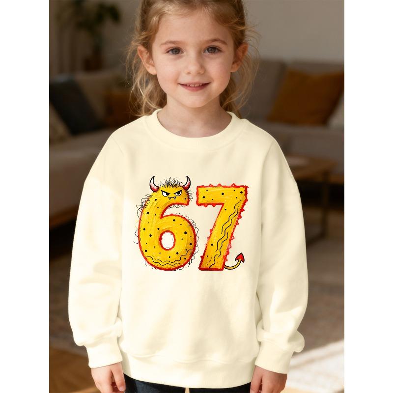 Kids Unisex Pink Crewneck Sweatshirt, Cartoon Monster Style Number 67 Print With Horns And Devil Tail, Soft Sweatshirt for Boys Girls Over 4 Years Old