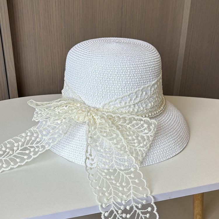 

Summer New Straw Hat Women s Pearl Streamer Big Brim Sun Hat Retro Hepburn Wind Sun Protection Beach Hat M（56-58cm） белый