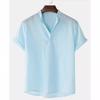 Summer Men's Cotton Linen Breathable Solid Color Short Sleeved Henry Shirt Polo Shirts Men’s