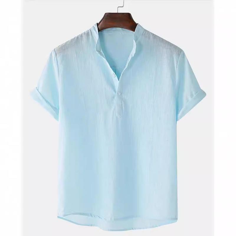 Summer Men's Cotton Linen Breathable Solid Color Short Sleeved Henry Shirt Polo Shirts Men’s
