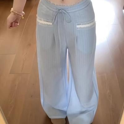 Blaue Spitzenbesatz Patchwork Weitbeinige Hose für Damen Design Gestreift Elastischer Bund Lässige Gerade Hose