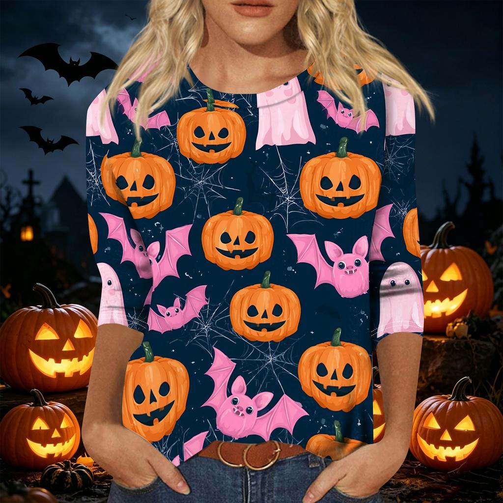 Women's Casual 3/4 Sleeve Halloween Print Pullover Top Crew Neck Lightweight Fall Shirt