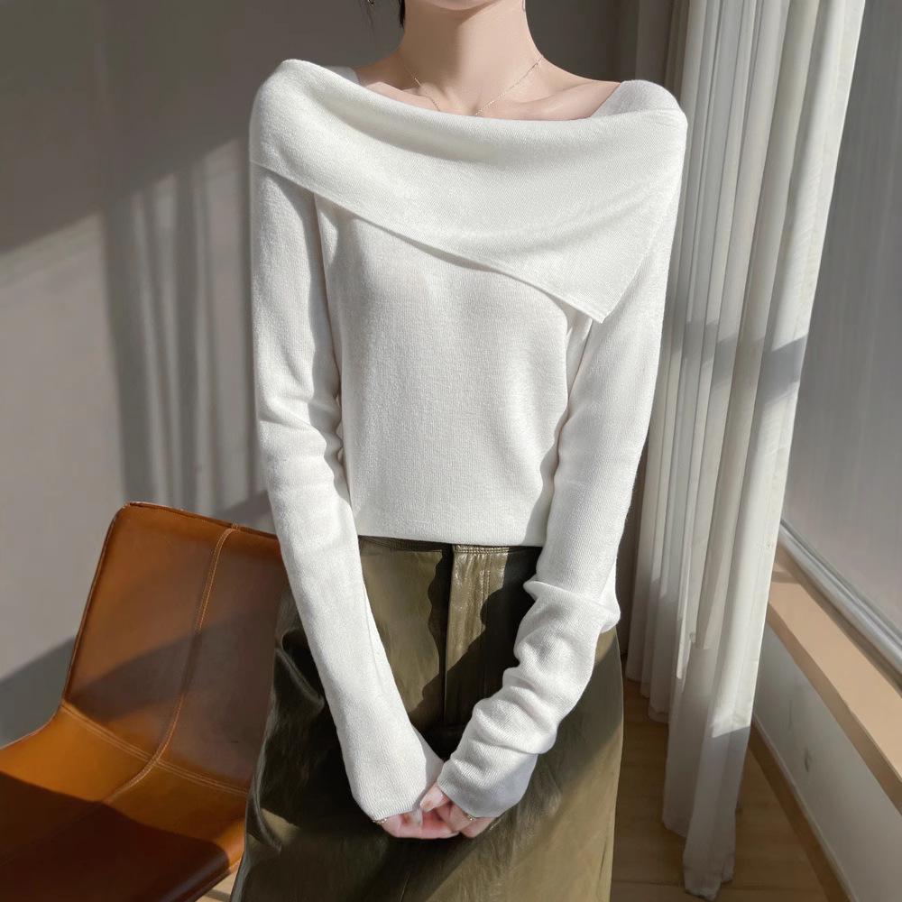 Women's One-Shoulder Irregular Long-Sleeve Knit Top - Spring/Summer, French-Inspired, Imitation Wool, High-Quality.