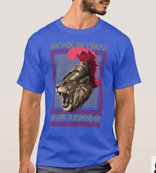 Never Retreat Never Surrender Spartan Warriors Lion TShirt Summer Cotton Short Sleeve ONeck Mens T Shirt New S3XL