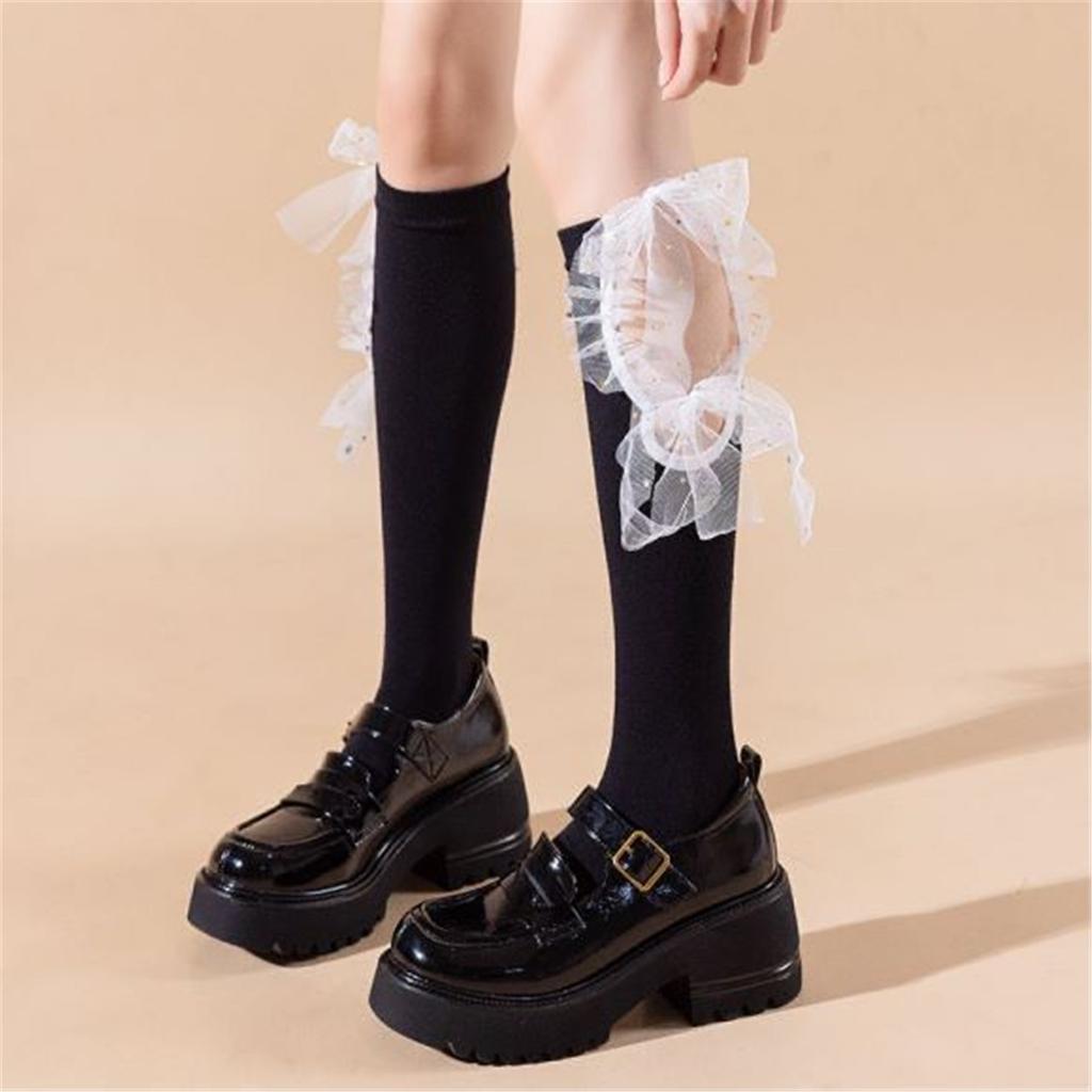 Simple Bow Knee High Socks Cotton Calf Socks Sweet Knee High Stockings Lolitas Princess Socks for Womens Girls Gifts
