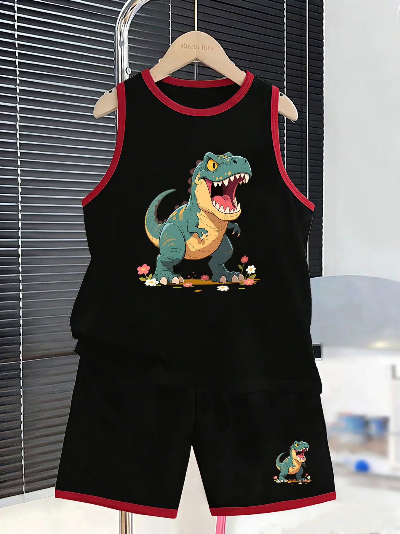 

Boys’ cute T-Rex set. Adorable cool prints, breathable fabric, loose fit for trendy summer outfits. 7Y