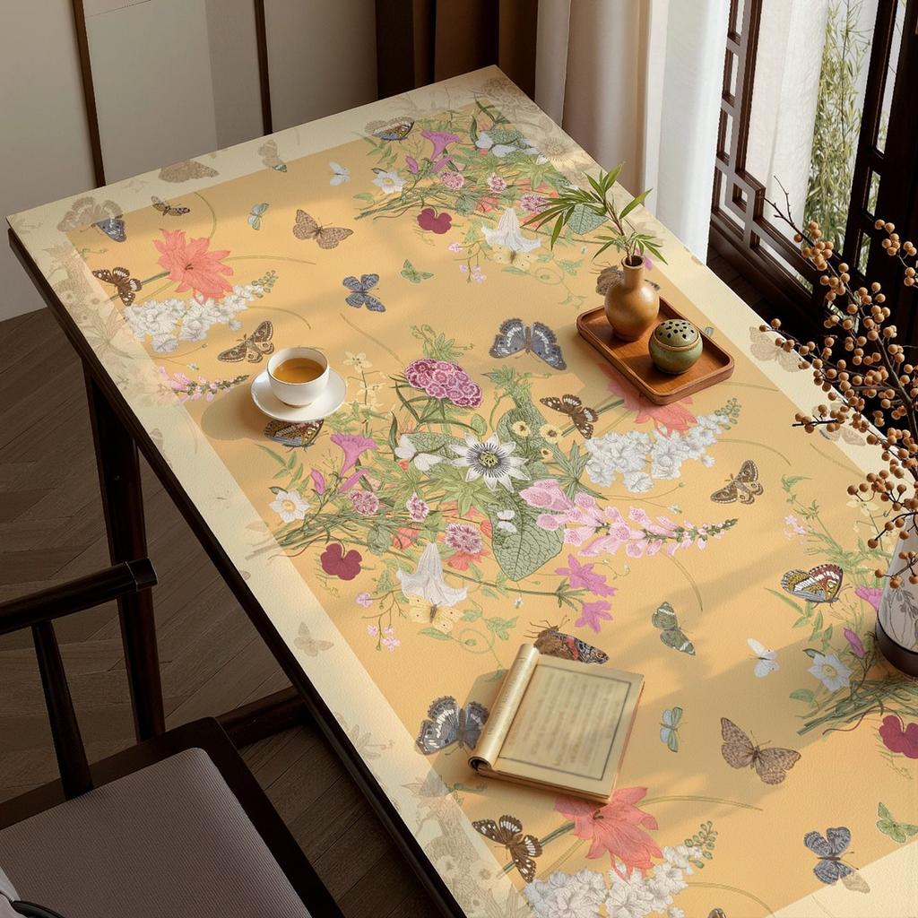 1pcs New Chinese Style Rectangular Waterproof, Oil Resistant, and Washable Tablecloth with High-end Desk Leather Cushion