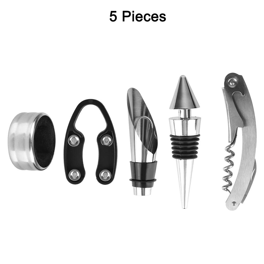 5-teiliges Flaschenförmiges Etui mit Tropfring, Folienschneider, Weinausgießer und Stopper Weinöffner Zubehör-Set Edelstahl