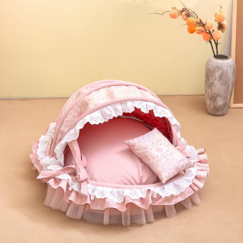 Frühlings- & Sommer-Spitzen-Haustierkorb: Abnehmbares halbgeschlossenes Katzen- und Hundebett For pets under 15 lbs (Skin-friendly, soft touch) white