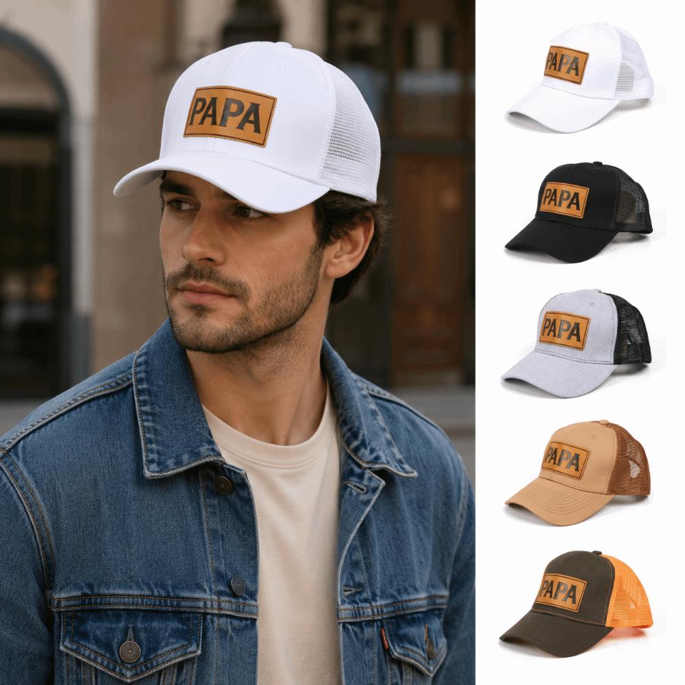 Curved Brim Mesh Trucker Hat PAPA Leather Label Casual Dad Hat Retro Trucker Cap  For Men