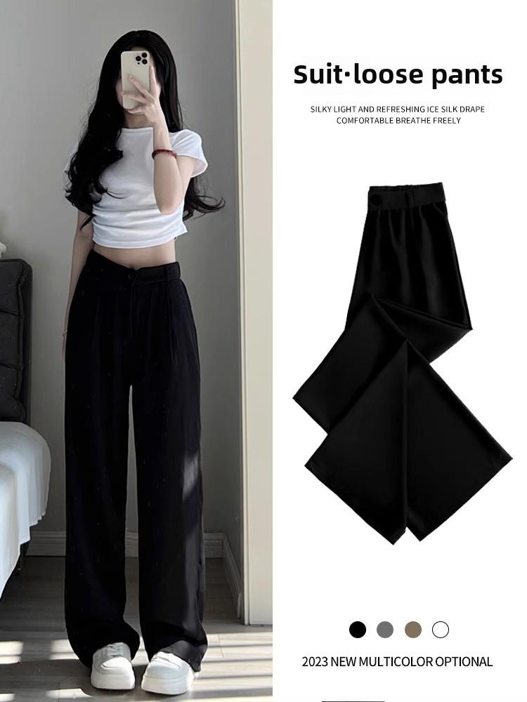 2024 Women's High-Waist Black Wide-Leg Suit Pants—Slim, Casual, High-Grade Drape for Spring